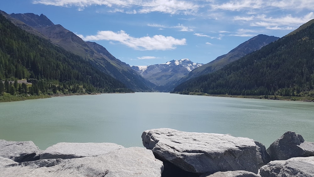 a lake surrounded by mountains