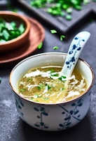 A steaming bowl of traditional soup garnished with herbs.