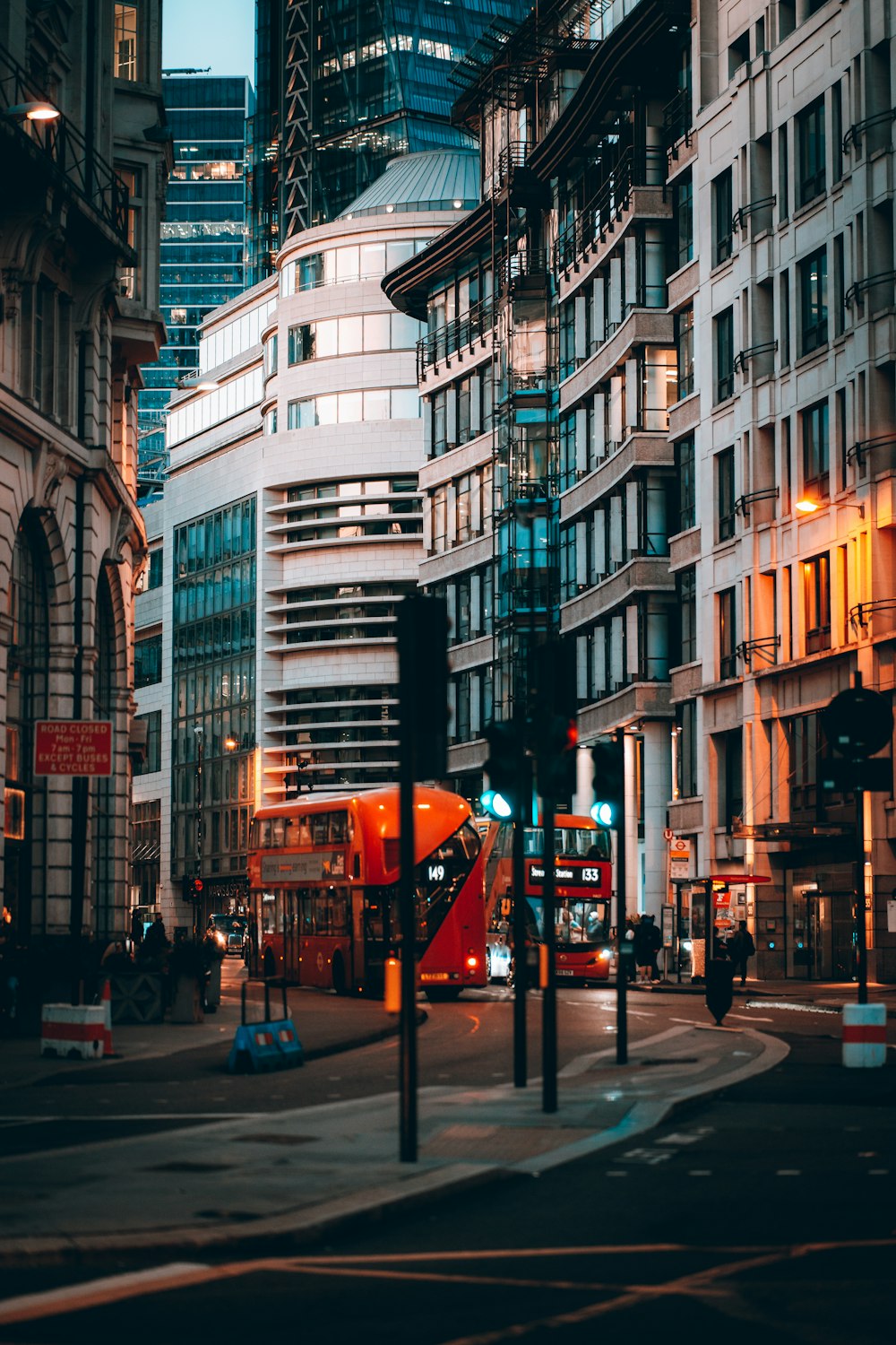 a city street with tall buildings