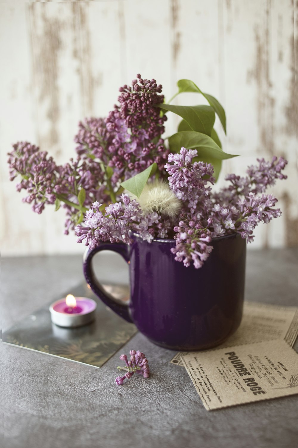 a vase with purple flowers