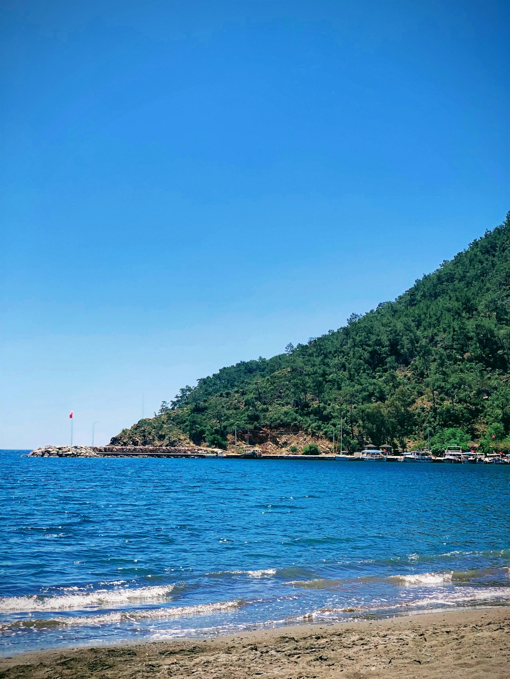 a beach with a hill in the background