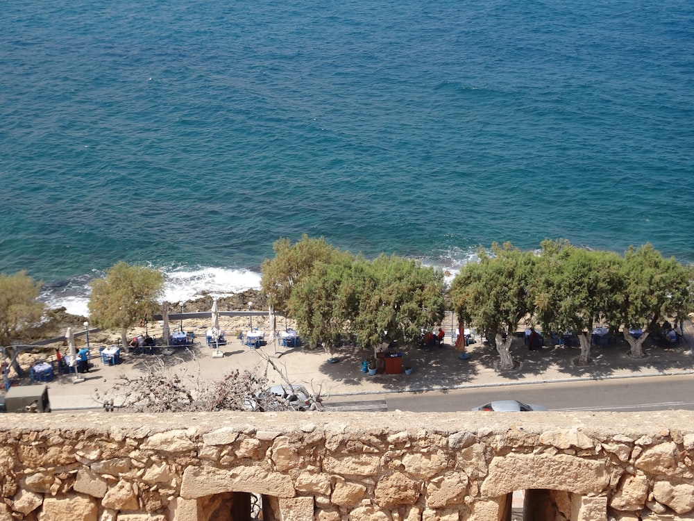 a beach with trees and a body of water in the background