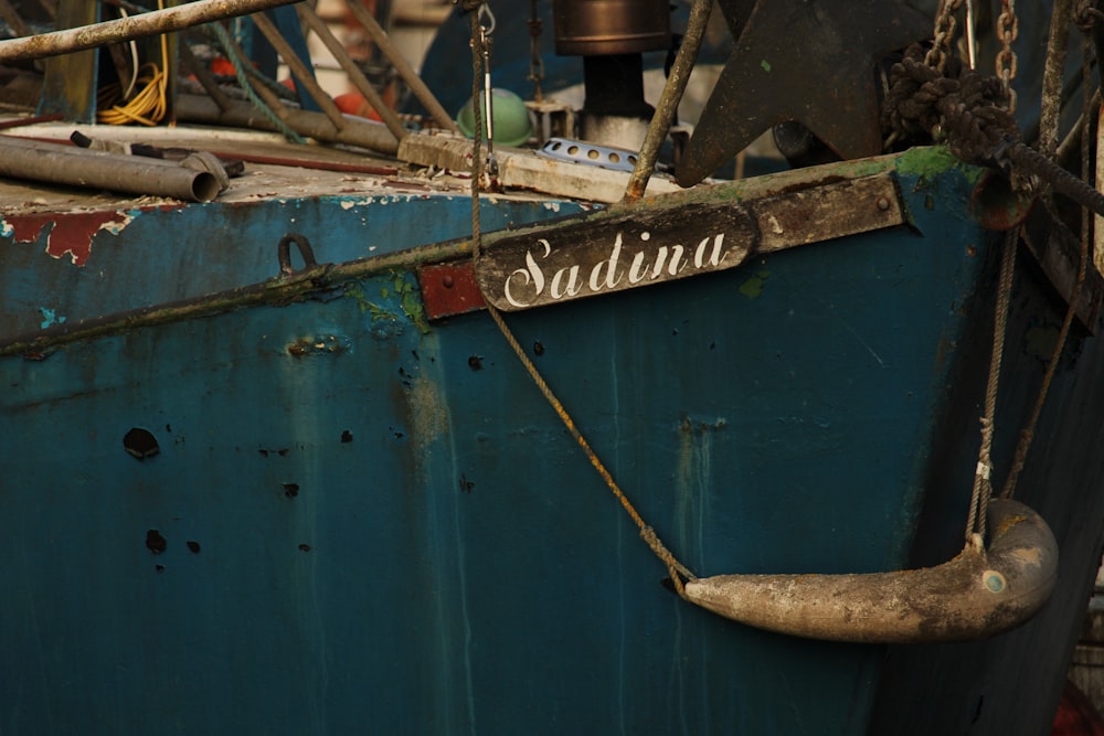 a boat with a sign on it