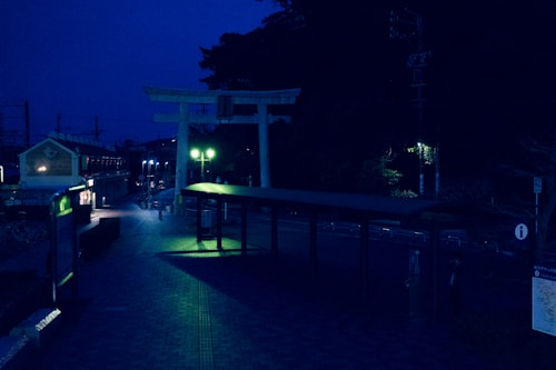 The scene depicts a quiet, dimly lit street at night with a traditional Japanese torii gate. Street lamps cast a greenish glow around the area, adding an eerie atmosphere. A small building with windows is visible on the left, and the ground is tiled.
