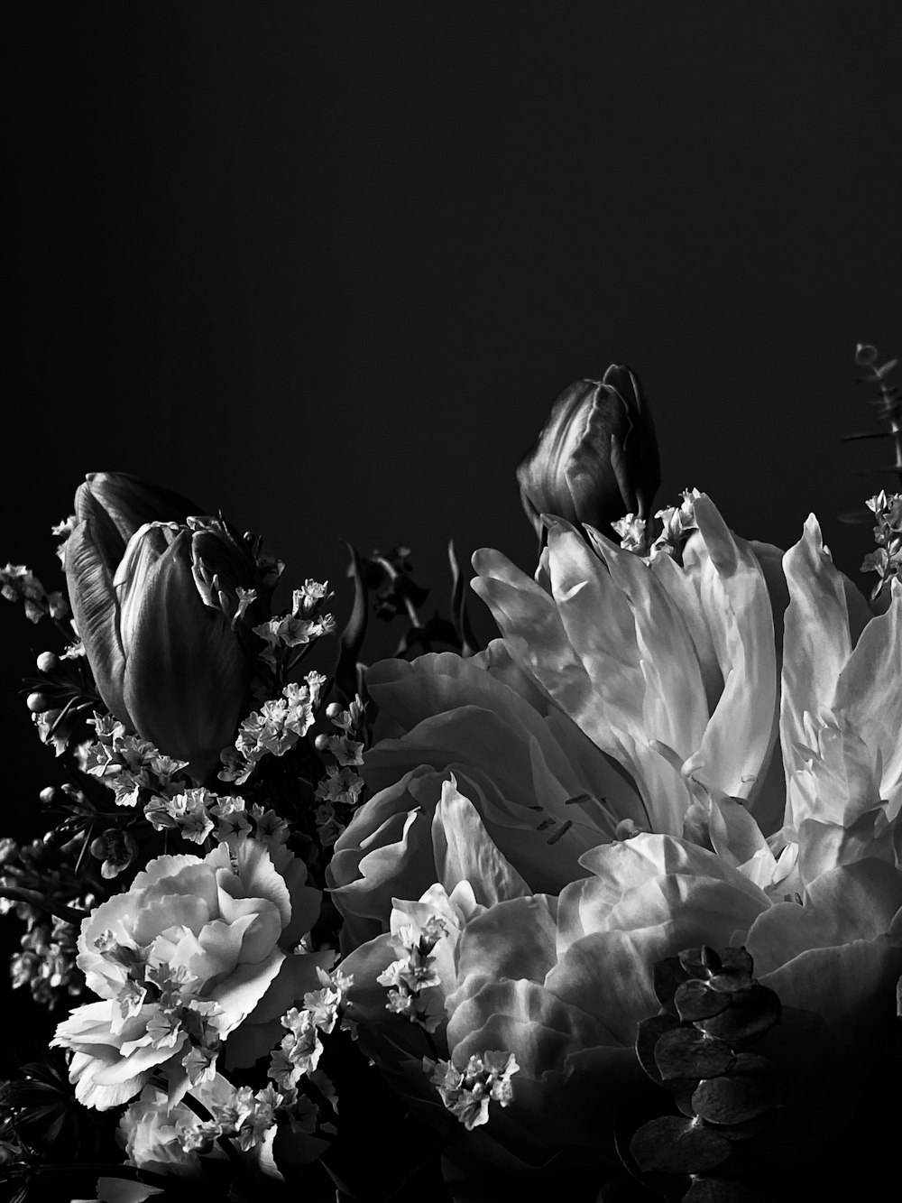 a woman's head above a bunch of white flowers