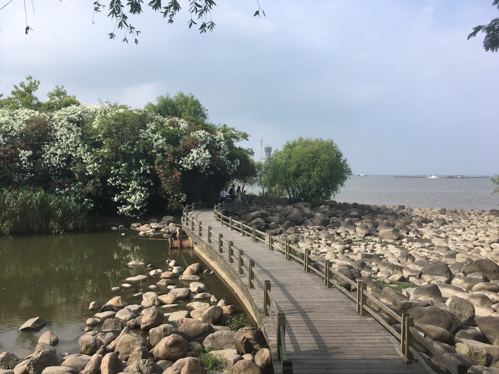 a stone walkway with a stone wall and trees and water