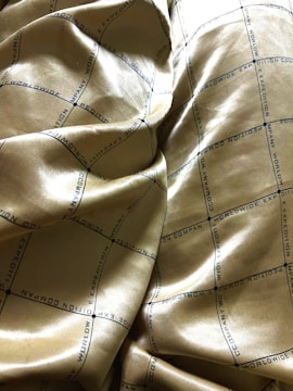 A shiny gold fabric with a grid pattern printed in dark blue, featuring words like 'WORLDWIDE EXPEDITION COMPANY' repeated across it. The material appears folded, creating shadows and highlights.
