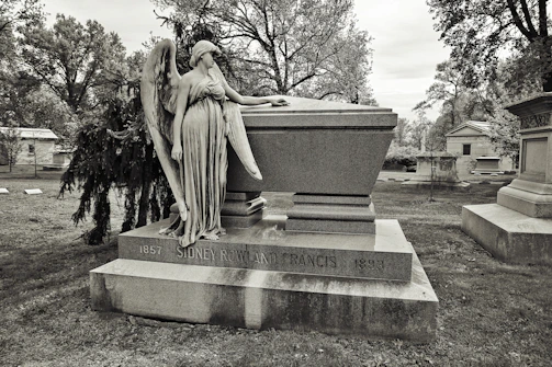 Close-up of a polished marble tombstone with engraved lettering in a serene cemetery setting.