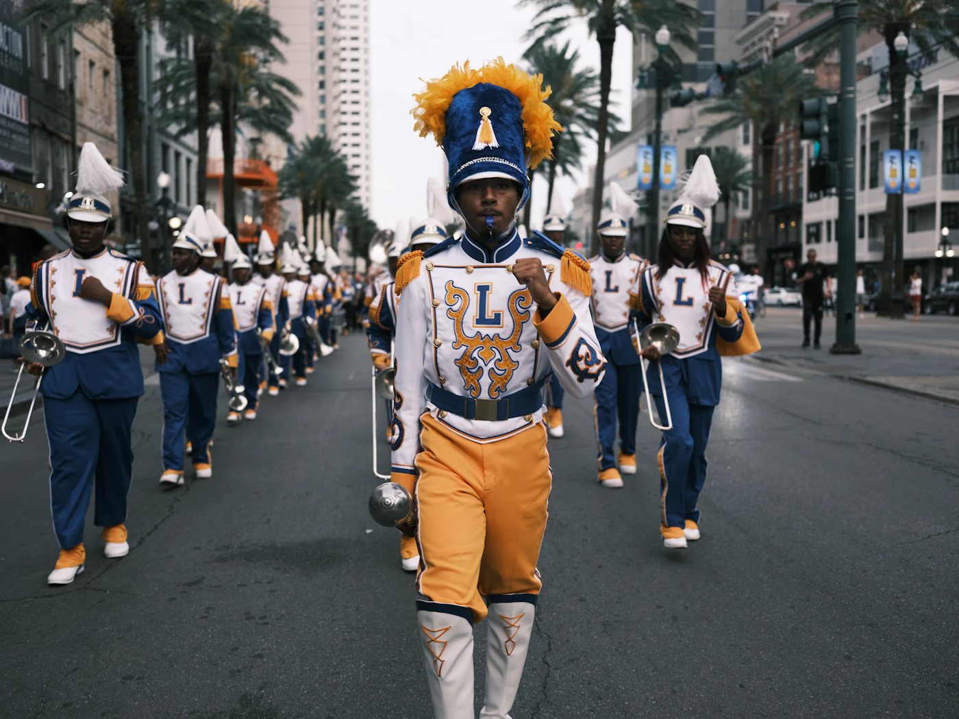 Marching band celebrating in the streets of New Orleans
