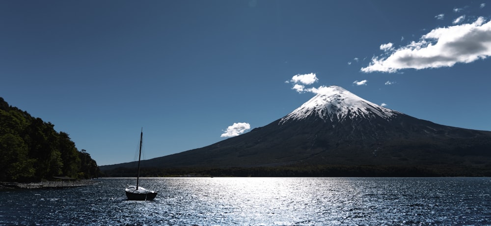 a boat on the water with a mountain in the background