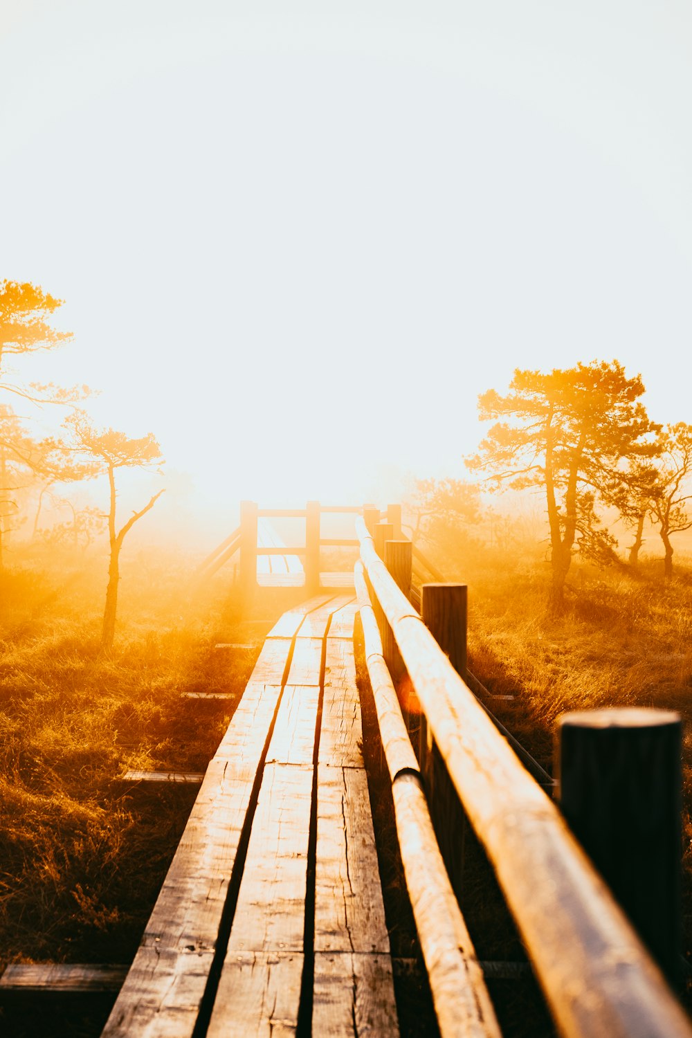 a wooden bridge with a railing