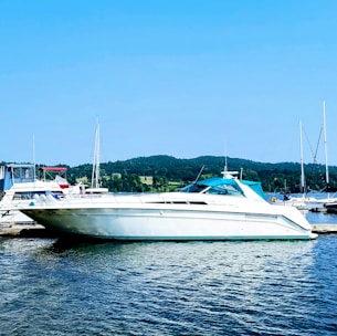A sleek white yacht is docked in a marina, surrounded by several other boats. The water is calm, and there are lush green hills in the background under a clear blue sky.