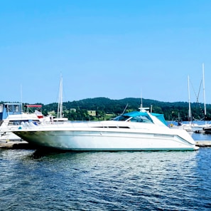 A sleek yacht anchored near a marina bustling with local shops and guides ready for adventure.