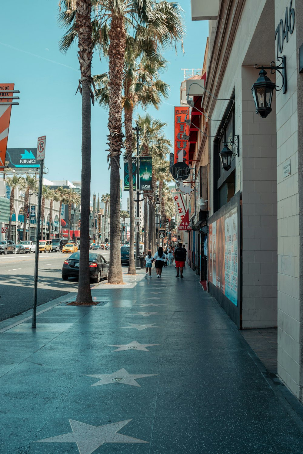 a street with palm trees and people walking on it