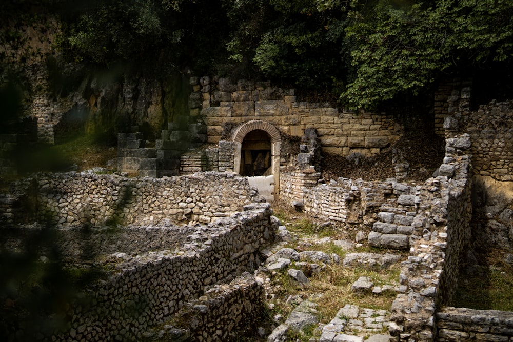 a stone building with a stone walkway