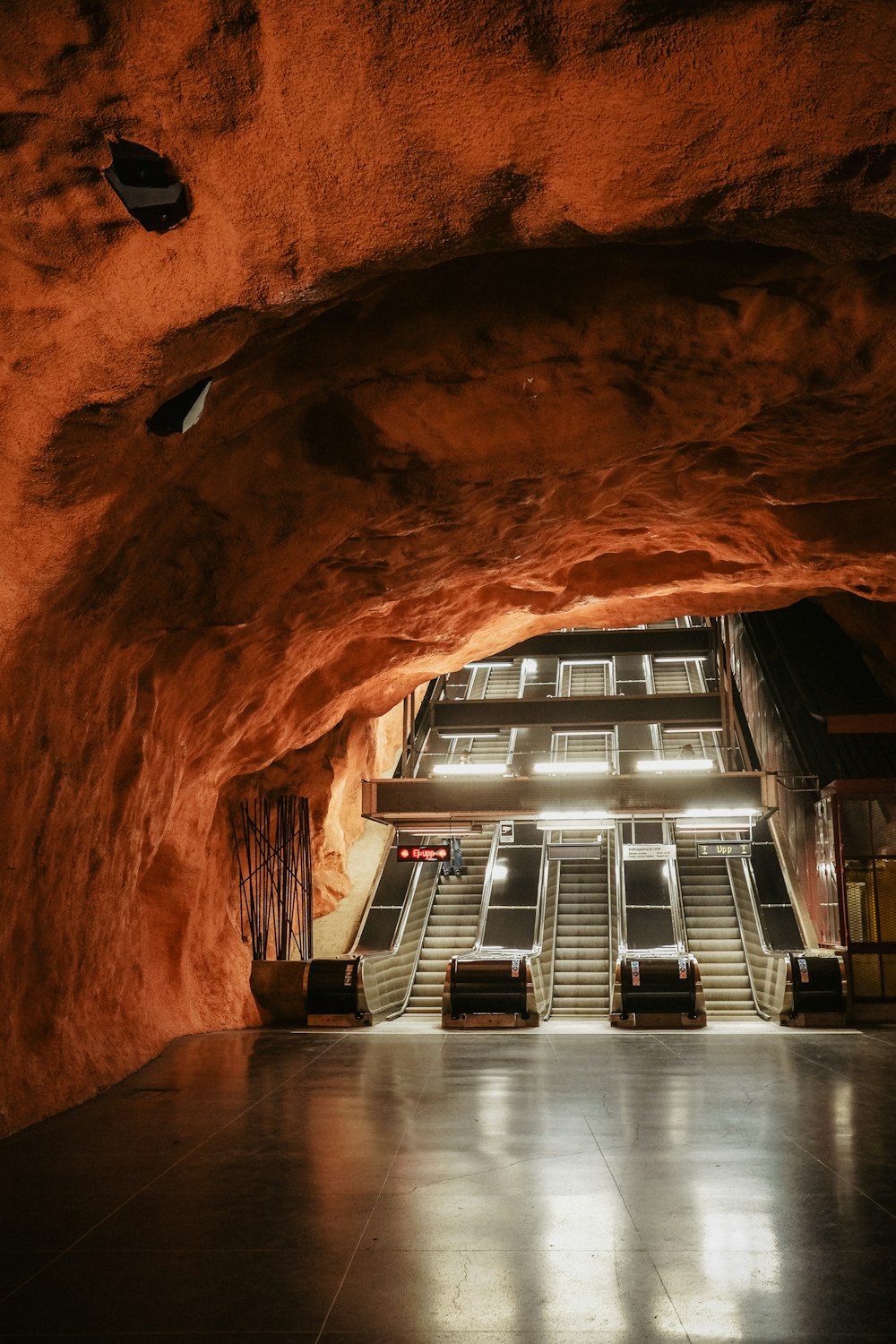 a large room with a staircase