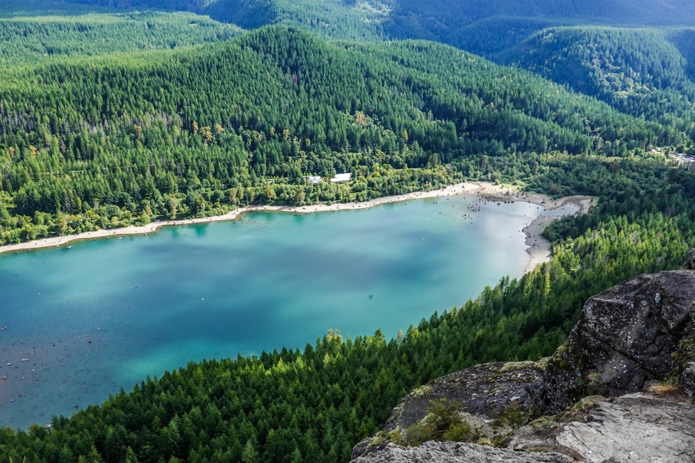 a lake surrounded by trees and mountains