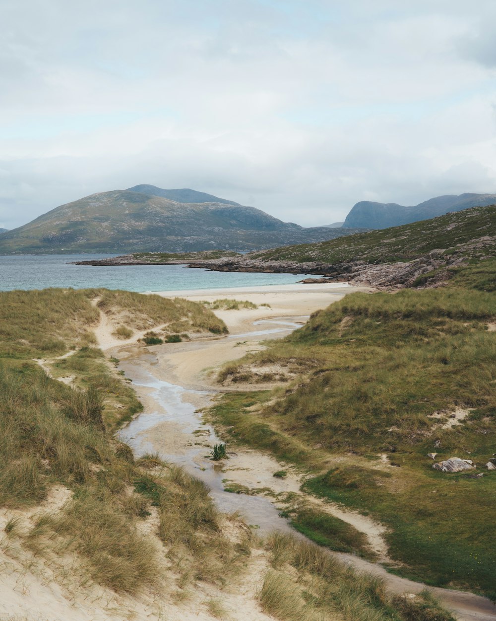 a sandy beach with a body of water in the background