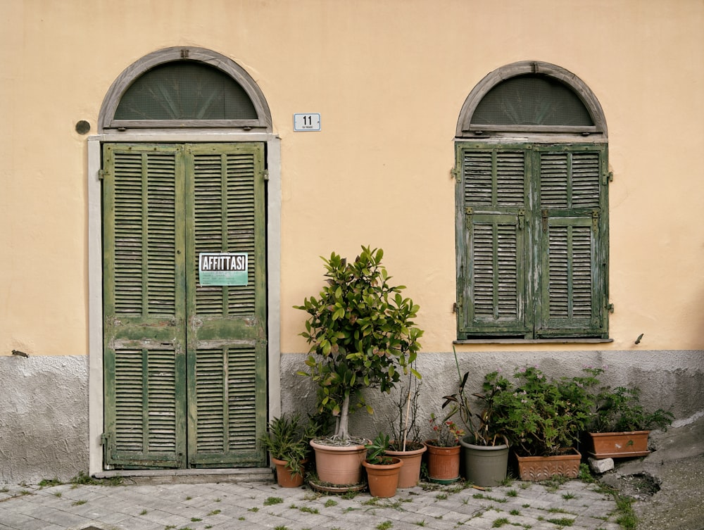 a green door with potted plants