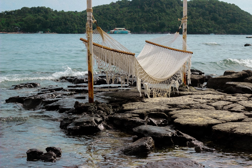 a couple of wooden structures on a rocky beach