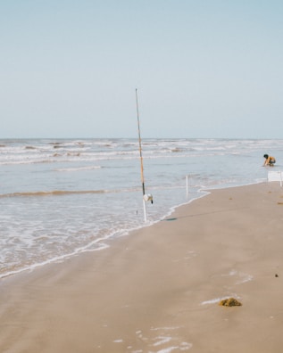 A fishing rod is planted upright in the sand near the edge of the water on a beach. The waves are gently rolling onto the shore. In the background, a person is crouched down near the water, seemingly engaged in an activity.