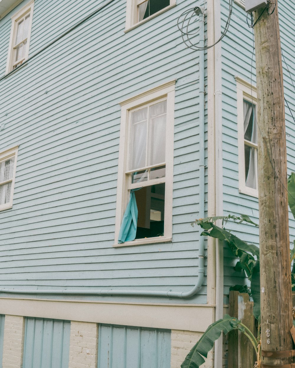 a blue towel from a window