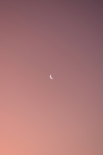 A delicate crescent moon is set against a smooth gradient sky that transitions from soft pink to mauve. The simplicity and minimalism highlight the serene evening atmosphere.