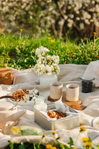 A linen blanket laid on a meadow with waffles, coffee cups, a jar of blueberries and white flowers