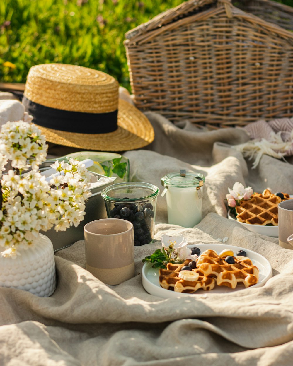 a table with food and a basket