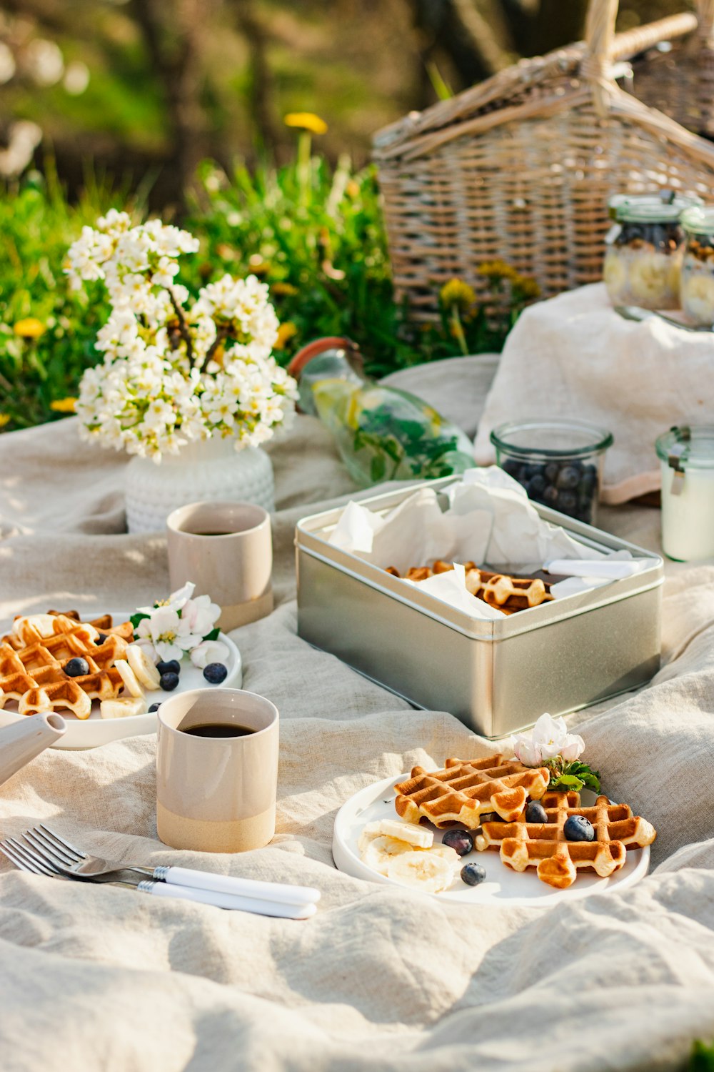 a table with food and drinks on it