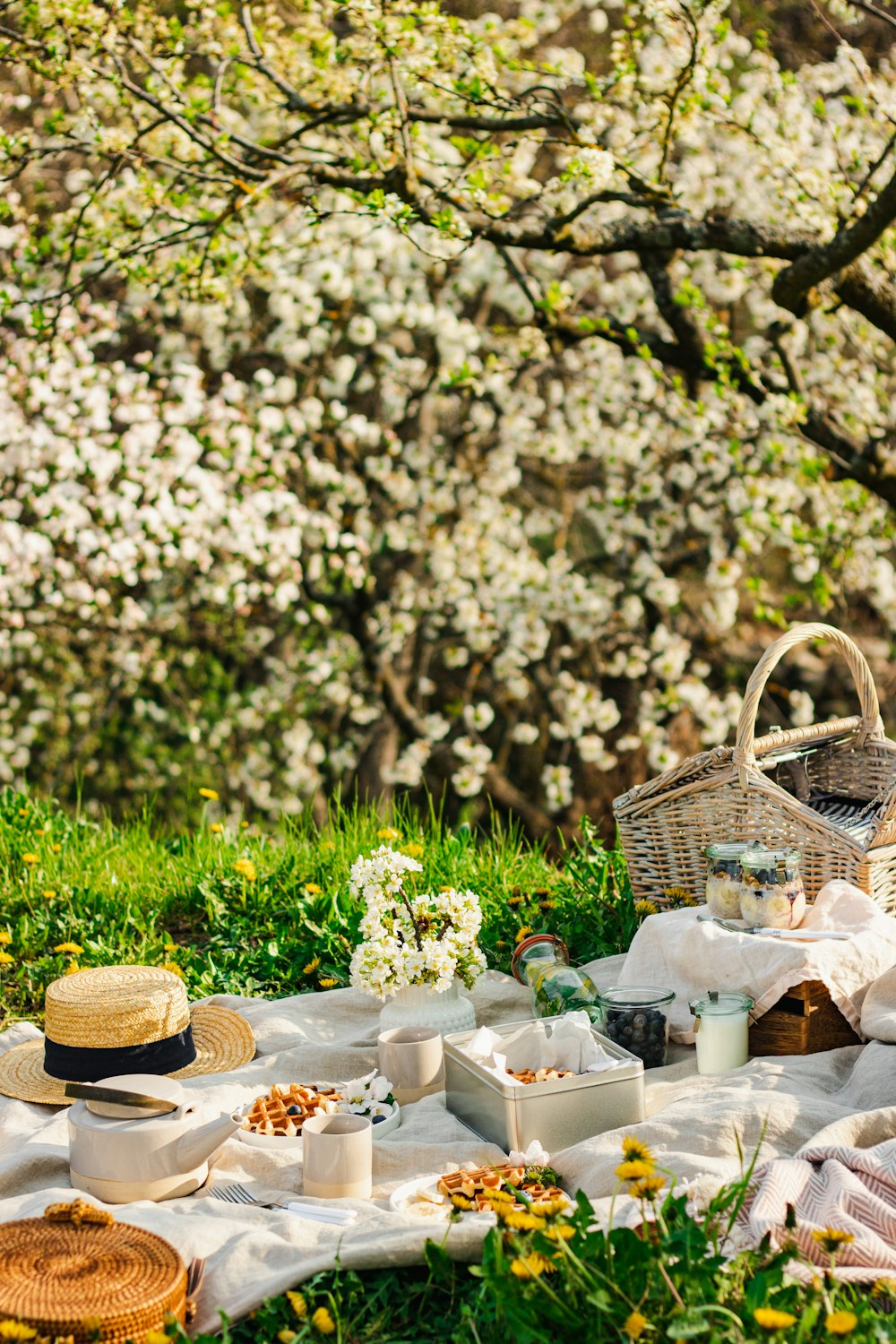 a table with a basket and food on it