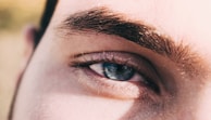 A close-up view of a person's eye featuring thick eyebrows and long lashes. The image highlights the intricate details of the skin texture and the natural eye color.