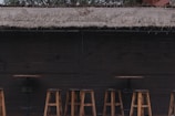 A rustic outdoor bar setup featuring a dark wooden counter with multiple wooden bar stools and tables. Above, a straw thatched roof is visible, providing a natural and earthy aesthetic. The area is devoid of people, giving it a serene and quiet atmosphere.