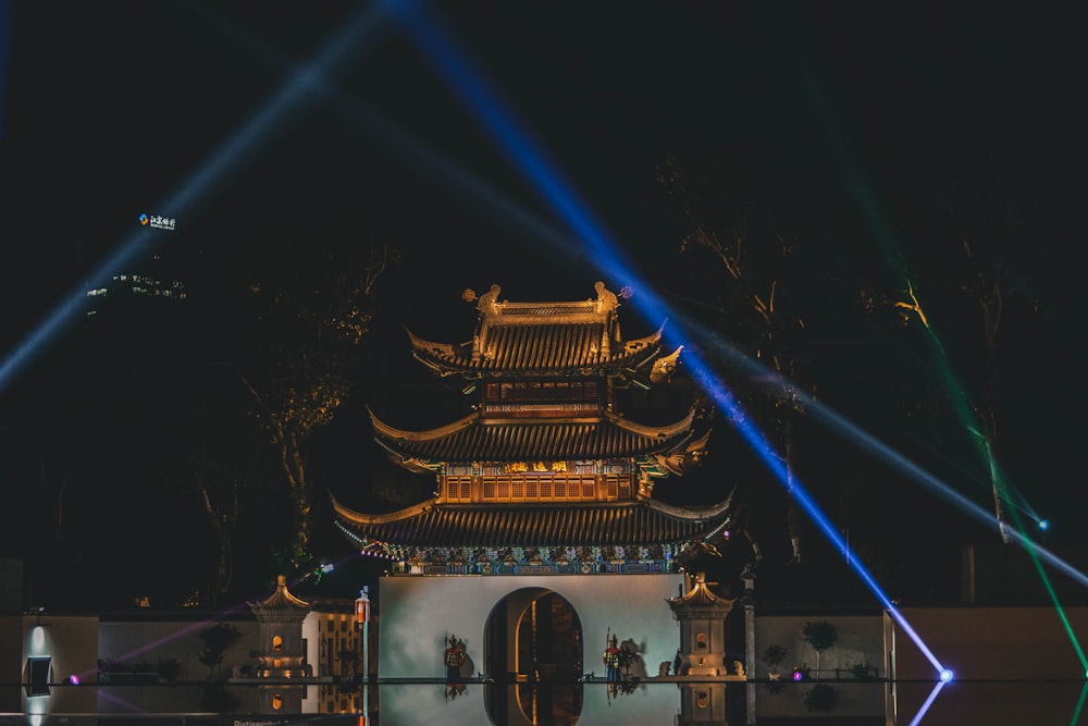 a large pagoda with lights