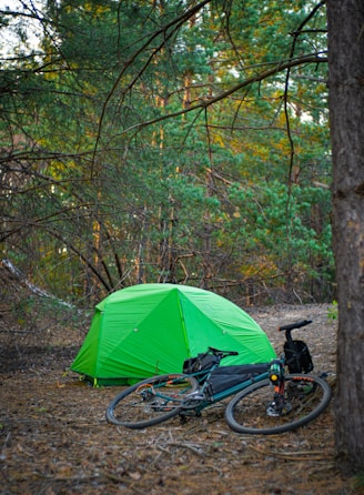 a tent and bicycles in a forest