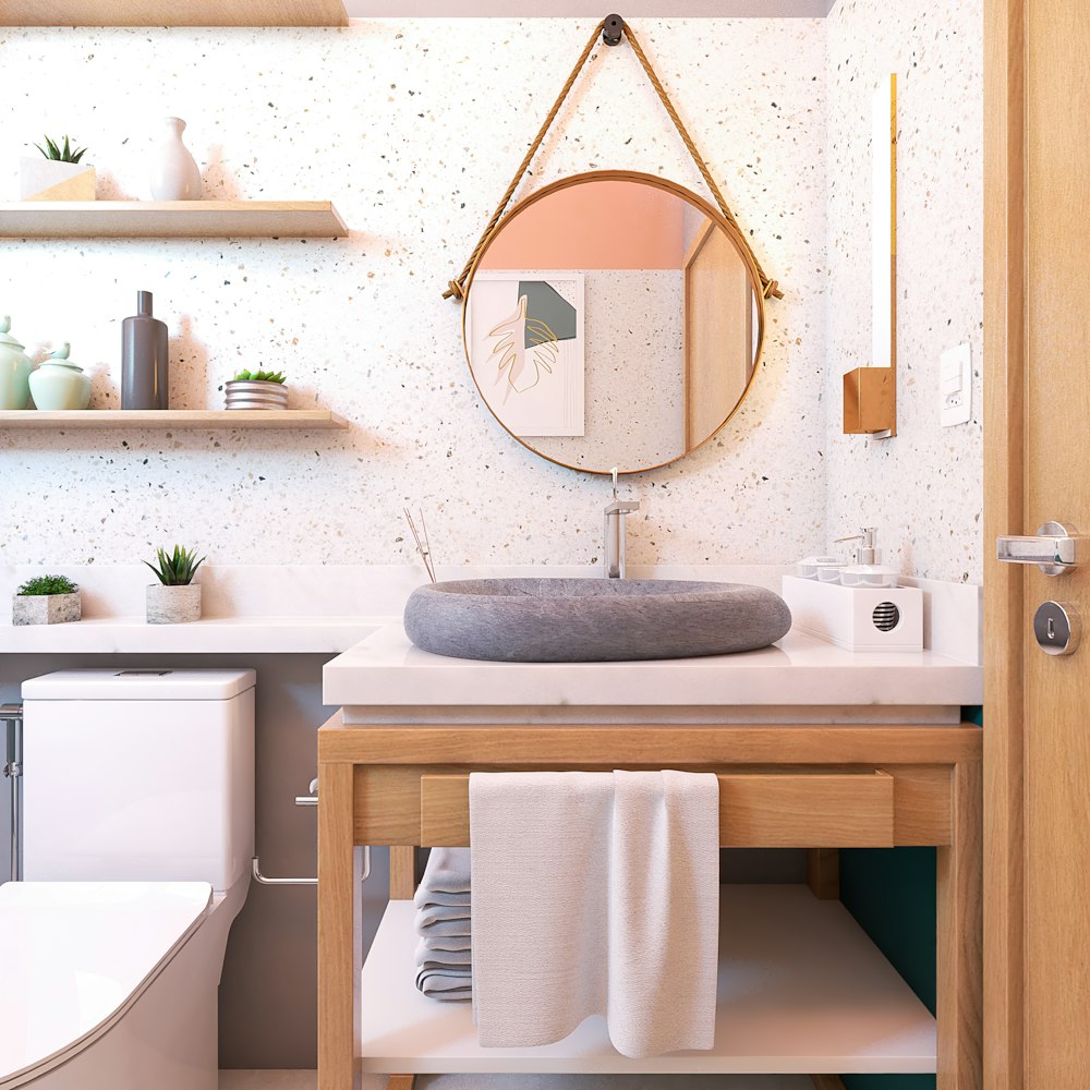 a bathroom with a large mirror