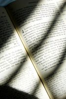 An open ancient Hebrew scroll resting beside a well-worn Bible, bathed in warm sunlight.