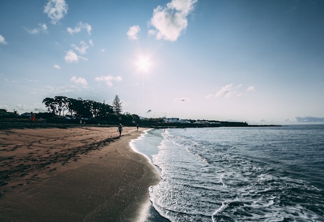 a beach with people walking on it