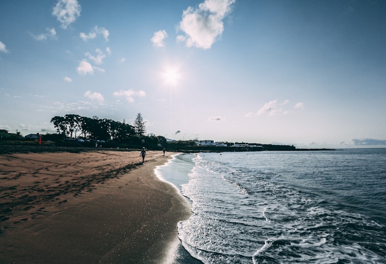 a beach with people walking on it