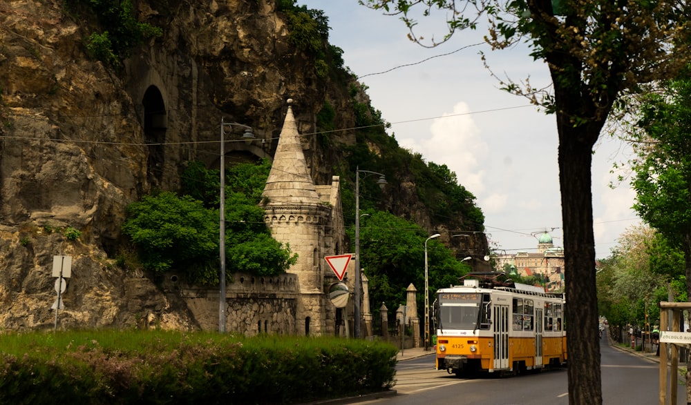 a bus travels down the street