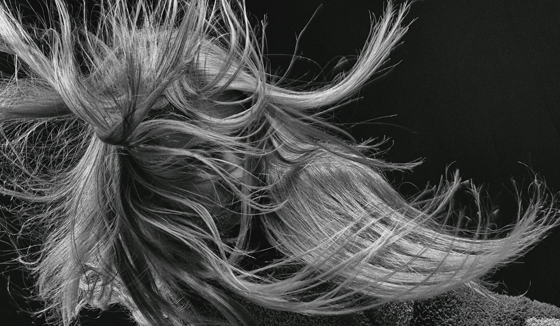 Detailed strands of hair moving dynamically in a 3D environment.