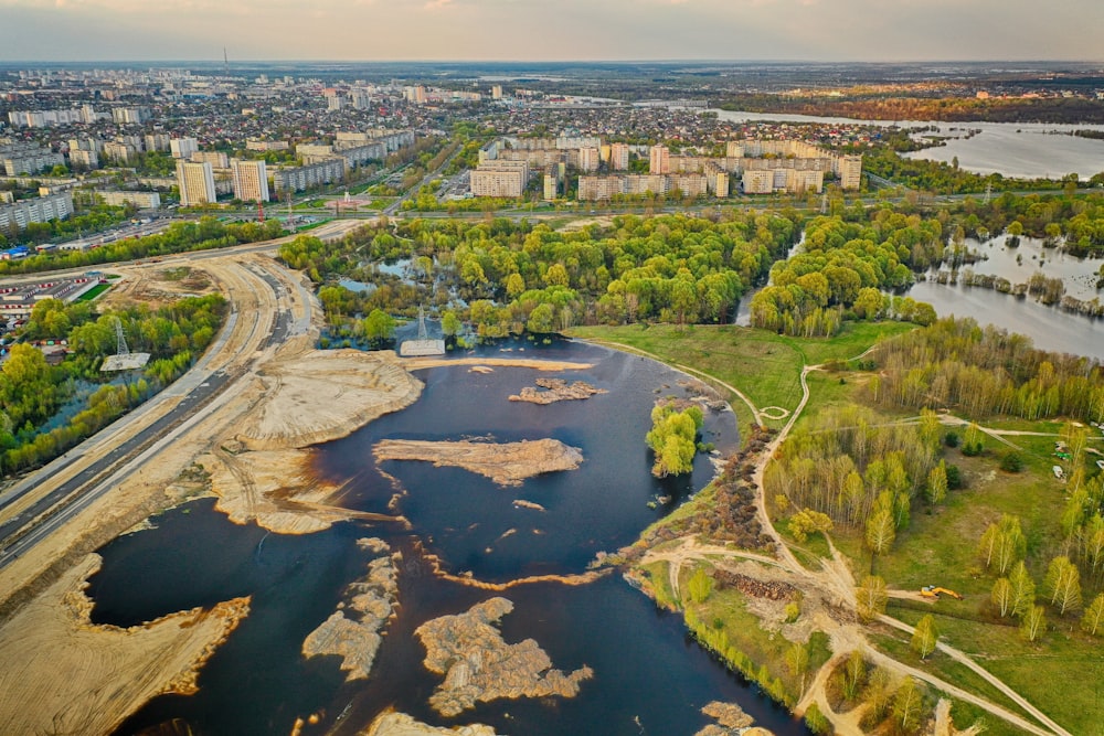 a river with a city in the background