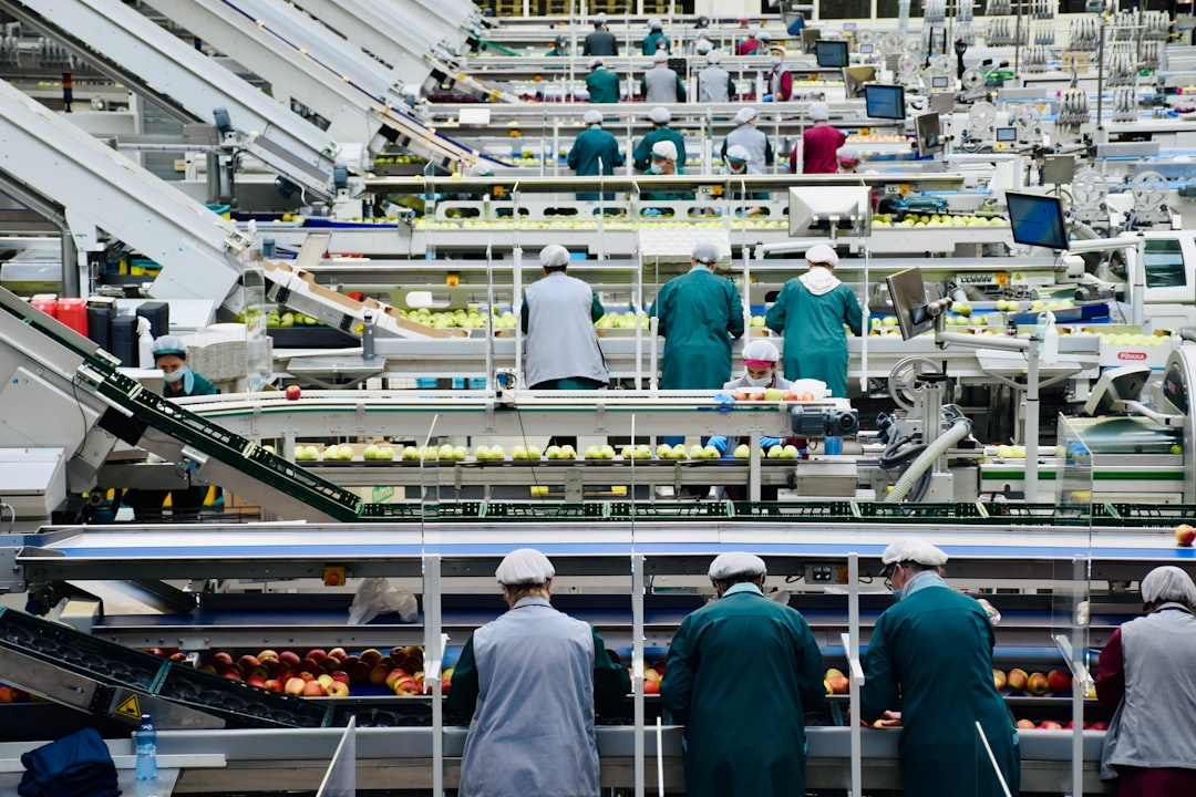 a group of men in a factory, Inside an apple processing company in northern Italy