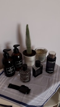 A selection of grooming products arranged on a cloth-covered surface. Included are bottles of various sizes and colors, a wristwatch, and a small potted cactus. The bottles feature a minimalist design, mostly in black and dark hues, and are accompanied by a scented candle.