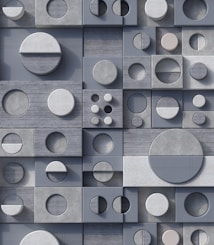 A geometric pattern featuring a variety of overlapping and adjacent circles and squares. The shapes are arranged in a grid-like structure, creating a three-dimensional effect with subtle shadows. The color palette is mainly composed of shades of grey, with a textured concrete-like appearance.