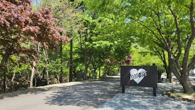 A peaceful road lined with vibrant green trees, accompanied by a sign featuring a heart and the words 'GOOD BYE.' The scene is filled with greenery and the sunlight filters through the leaves, creating a serene atmosphere.