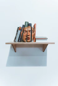 A floating bookcase mounted on a white wall, showcasing a mix of books and small art pieces.