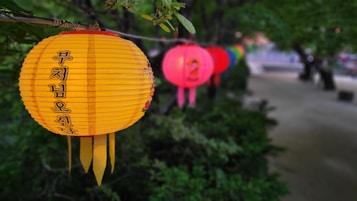 A vibrant string of colorful lanterns hangs above a path surrounded by green foliage. The lanterns are predominantly yellow and red, with Korean writing on the closest yellow lantern. They create an inviting and festive atmosphere in the outdoor setting.