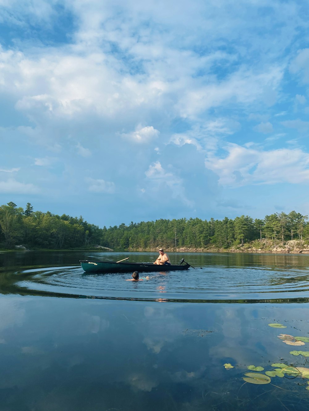 a couple people in a boat on a lake