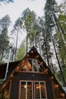 An A-frame cabin is nestled among tall pine trees. The cabin has large triangular windows that allow a glimpse of its warmly lit interior. Strings of lights decorate the cabin's exterior, adding a cozy ambiance.